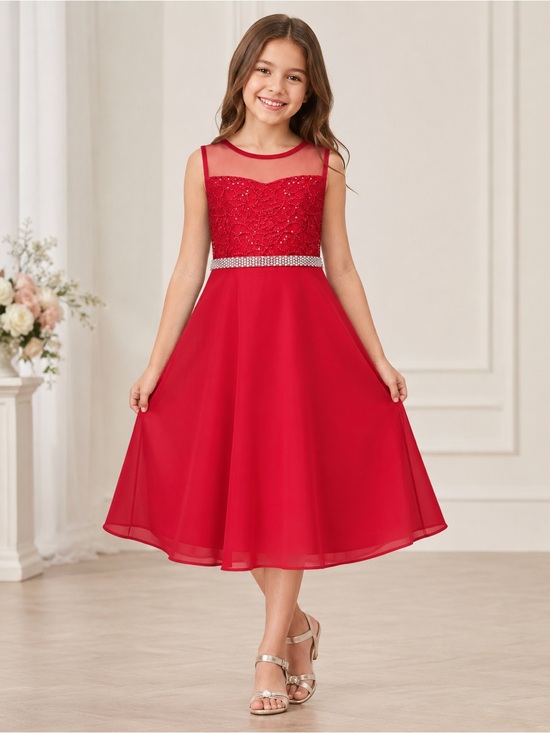 Other - Girls' Red Lace Bodice A-Line Dress with Rhinestone Waist